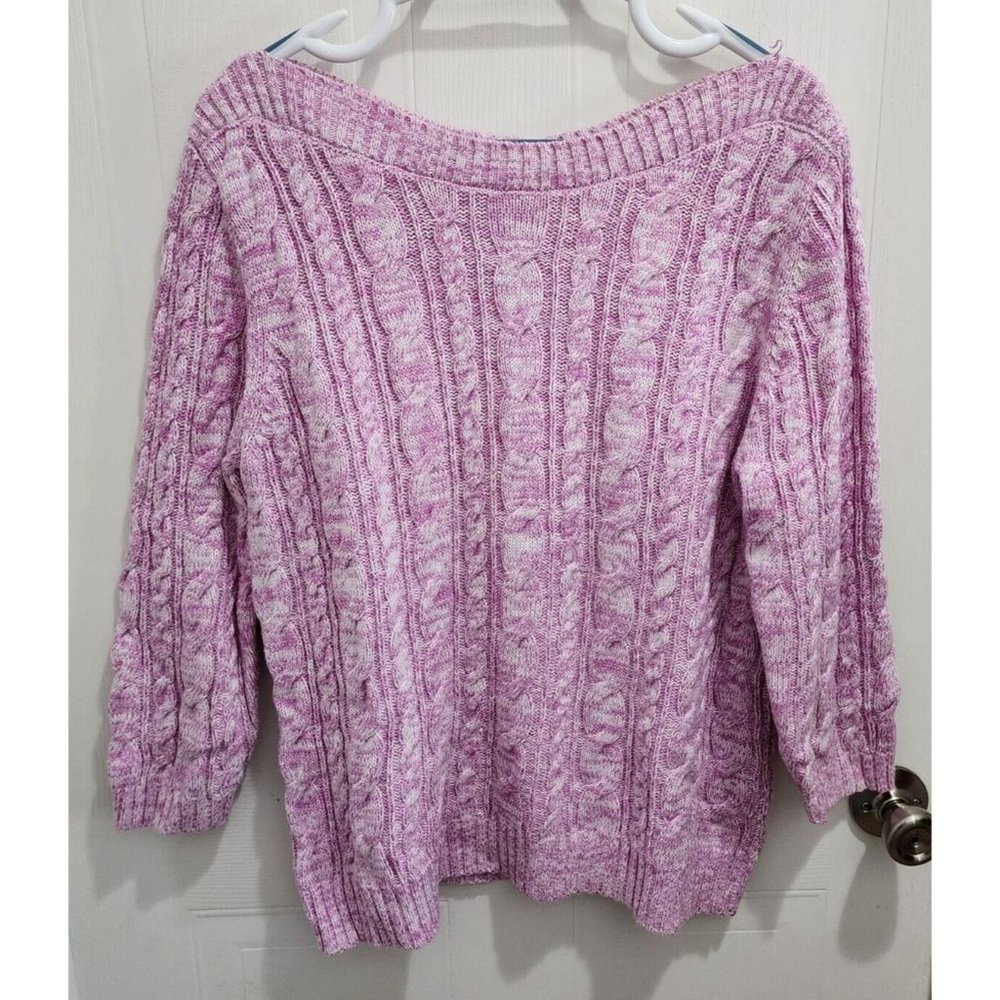 Land's End Womens 3/4 Sleeve Boat Neck Cable Knit Pullover Sweater Purple Size L